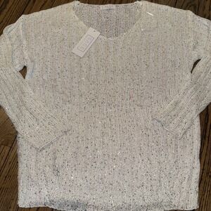 Sage The Label Women's‎ White Sequined Sweater XS 3/4 Sleeve Silver V-neck